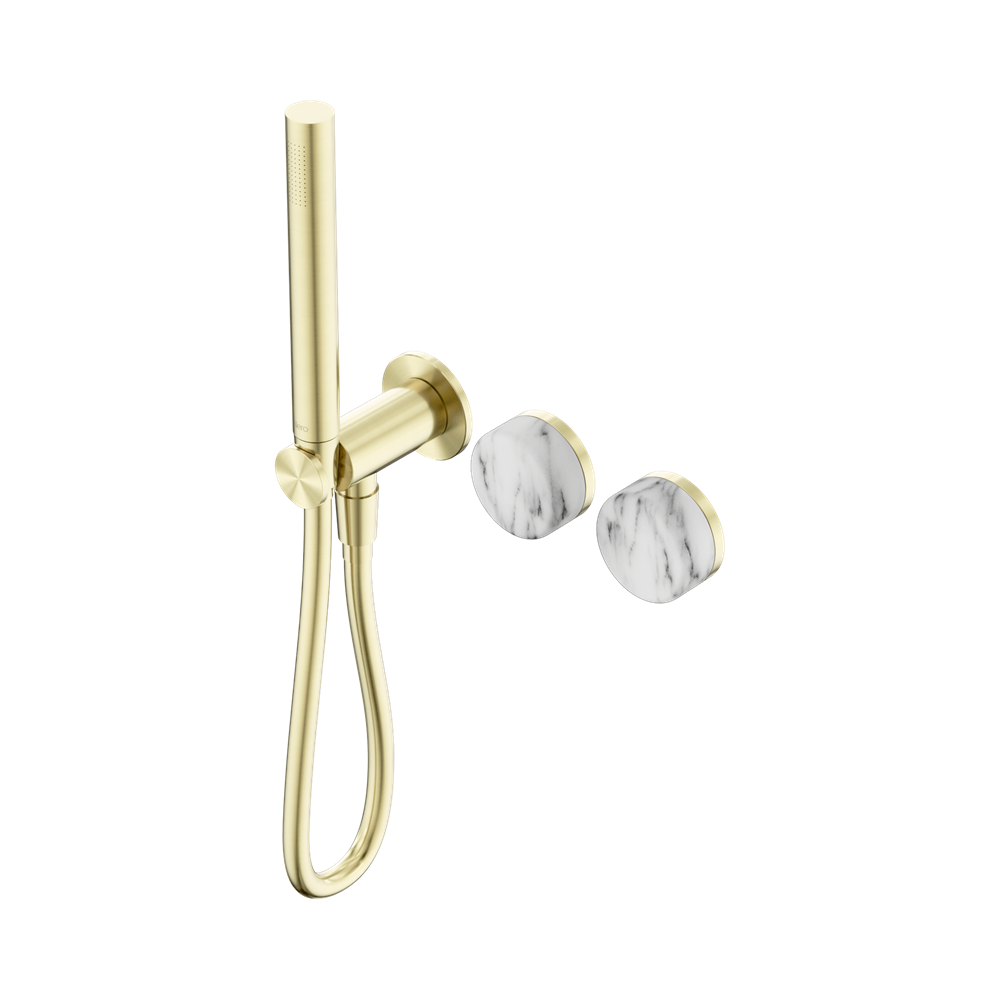 NERO SERENITY PROGRESSIVE SHOWER SYSTEM WITH ARABESCATO CORCHIA HANDLE AND SLIM SHOWER BRUSHED GOLD