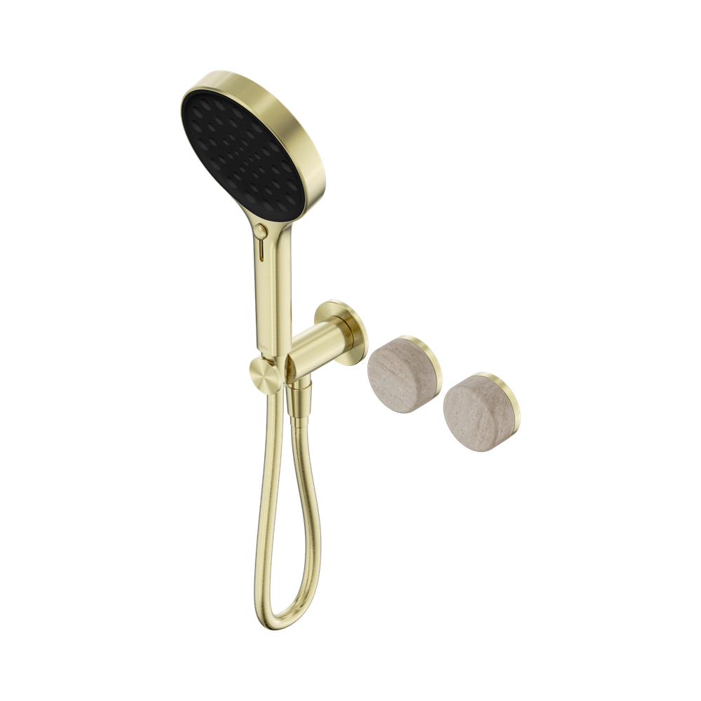 NERO SERENITY PROGRESSIVE SHOWER SYSTEM WITH ROME TRAVERTINE HANDLE AND SERENITY HAND SHOWER BRUSHED GOLD