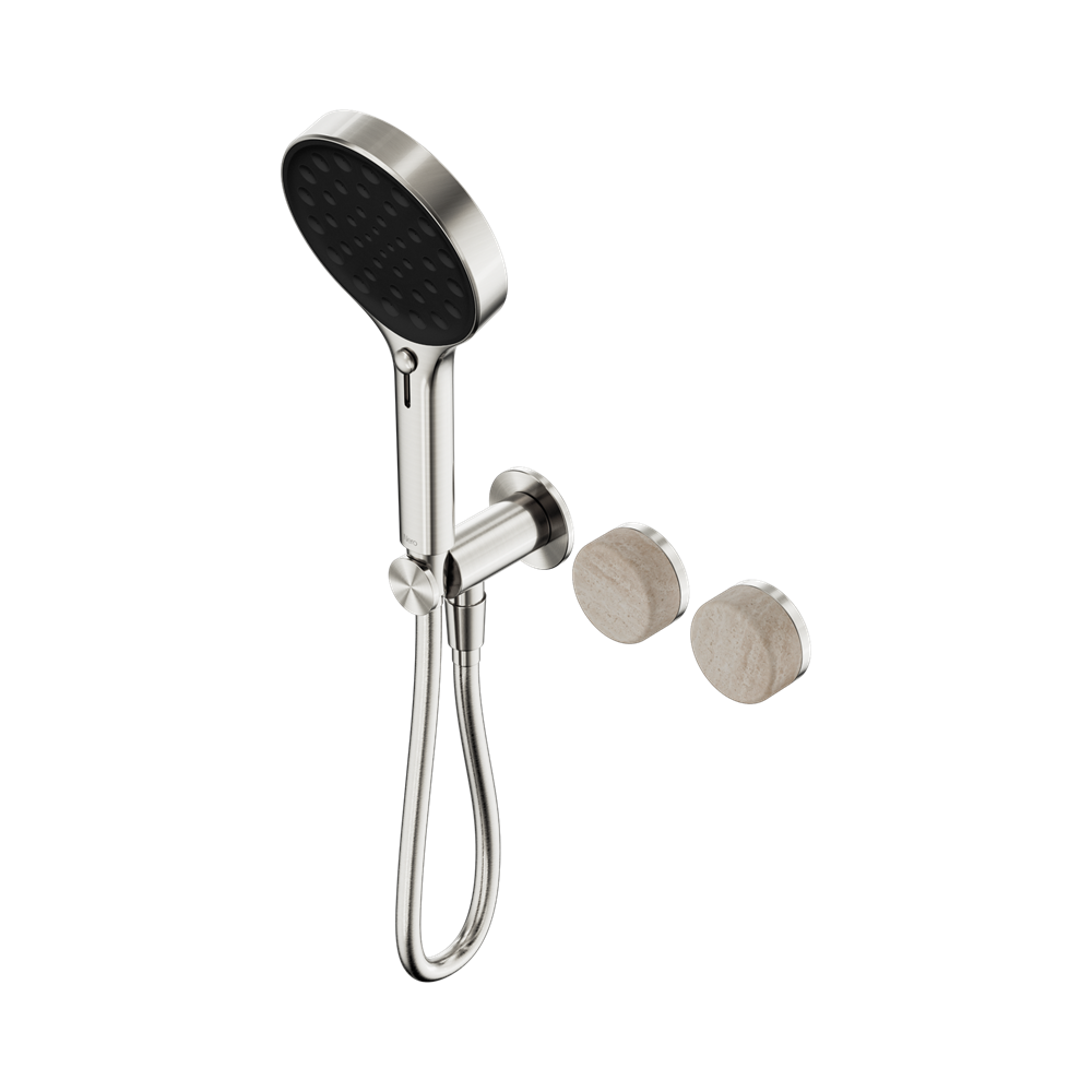 NERO SERENITY PROGRESSIVE SHOWER SYSTEM WITH ROME TRAVERTINE HANDLE AND SERENITY HAND SHOWER BRUSHED NICKEL