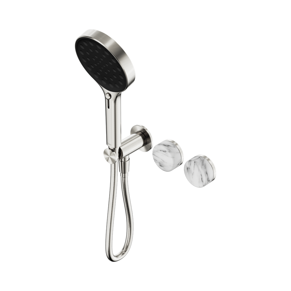 NERO SERENITY PROGRESSIVE SHOWER SYSTEM WITH ARABESCATO CORCHIA HANDLE AND SERENITY HAND SHOWER BRUSHED NICKEL