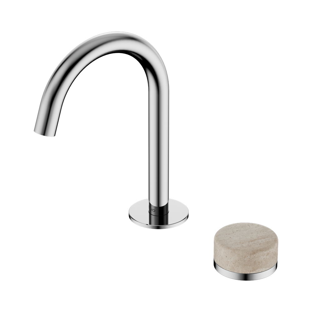 NERO SERENITY PROGRESSIVE BASIN MIXER ARC SPOUT WITH ROME TRAVERTINE HANDLE 210MM CHROME
