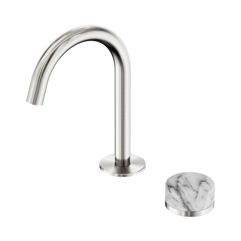 NERO SERENITY PROGRESSIVE BASIN MIXER ARC SPOUT WITH ARABESCATO CORCHIA HANDLE 210MM BRUSHED NICKEL