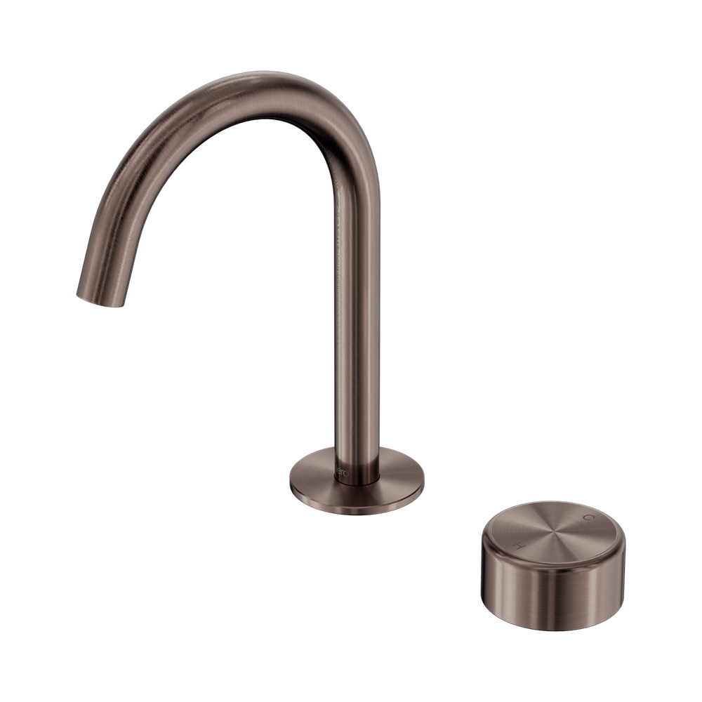 NERO SERENITY PROGRESSIVE BASIN MIXER ARC SPOUT WITH METAL HANDLE 210MM BRUSHED BRONZE