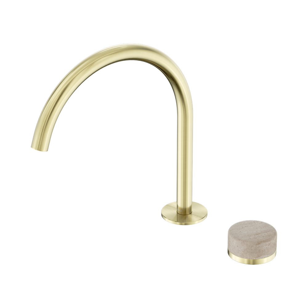 NERO SERENITY PROGRESSIVE BATH/KITCHEN MIXER ARC SPOUT WITH ROME TRAVERTINE HANDLE 260MM BRUSHED GOLD