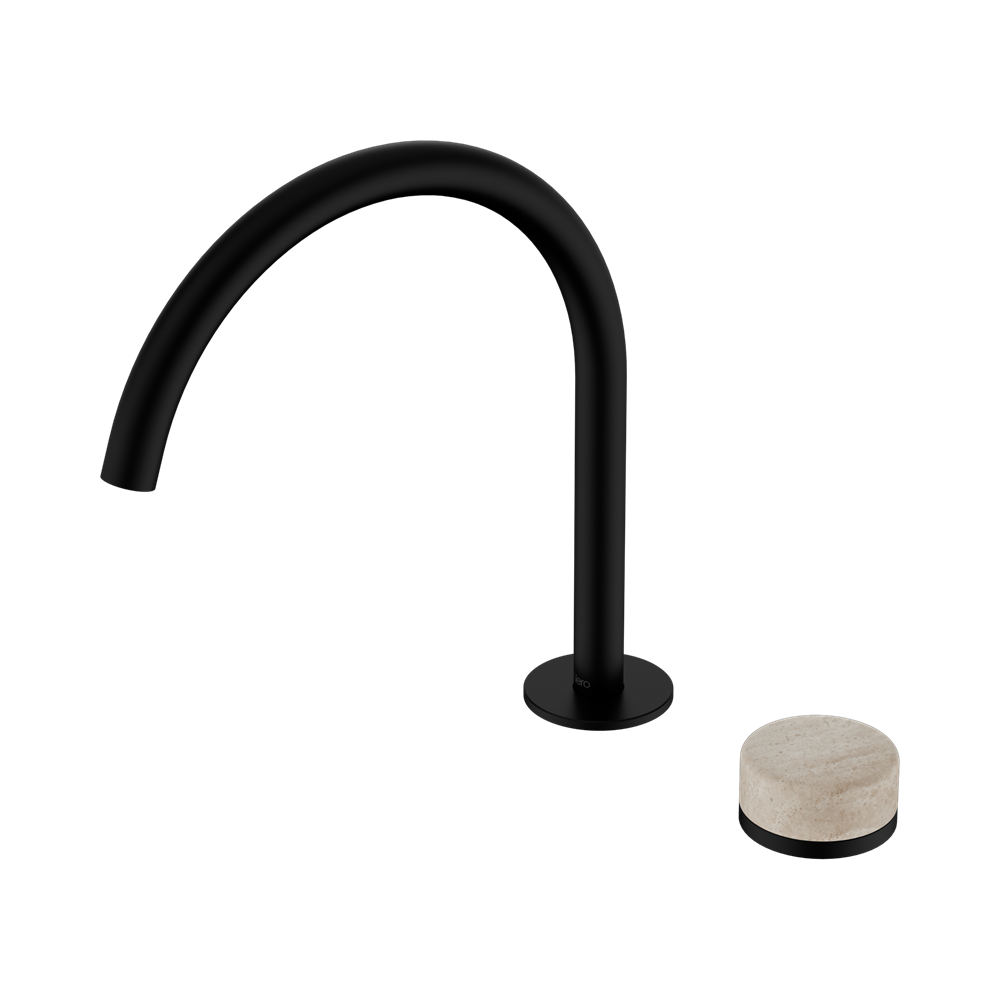 NERO SERENITY PROGRESSIVE BATH/KITCHEN MIXER ARC SPOUT WITH ROME TRAVERTINE HANDLE 260MM MATTE BLACK