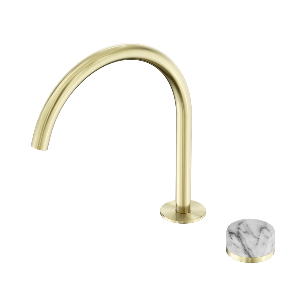 NERO SERENITY PROGRESSIVE BATH/KITCHEN MIXER ARC SPOUT WITH ARABESCATO CORCHIA HANDLE 260MM BRUSHED GOLD