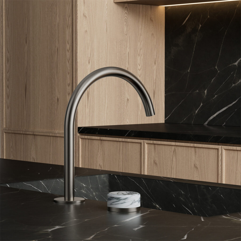 NERO SERENITY PROGRESSIVE BATH/KITCHEN MIXER ARC SPOUT WITH ARABESCATO CORCHIA HANDLE 260MM GUN METAL