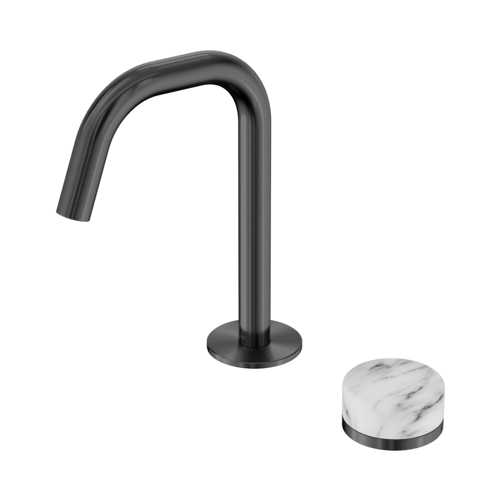 NERO SERENITY PROGRESSIVE BASIN MIXER EDGE SPOUT WITH ARABESCATO CORCHIA HANDLE 210MM GUN METAL