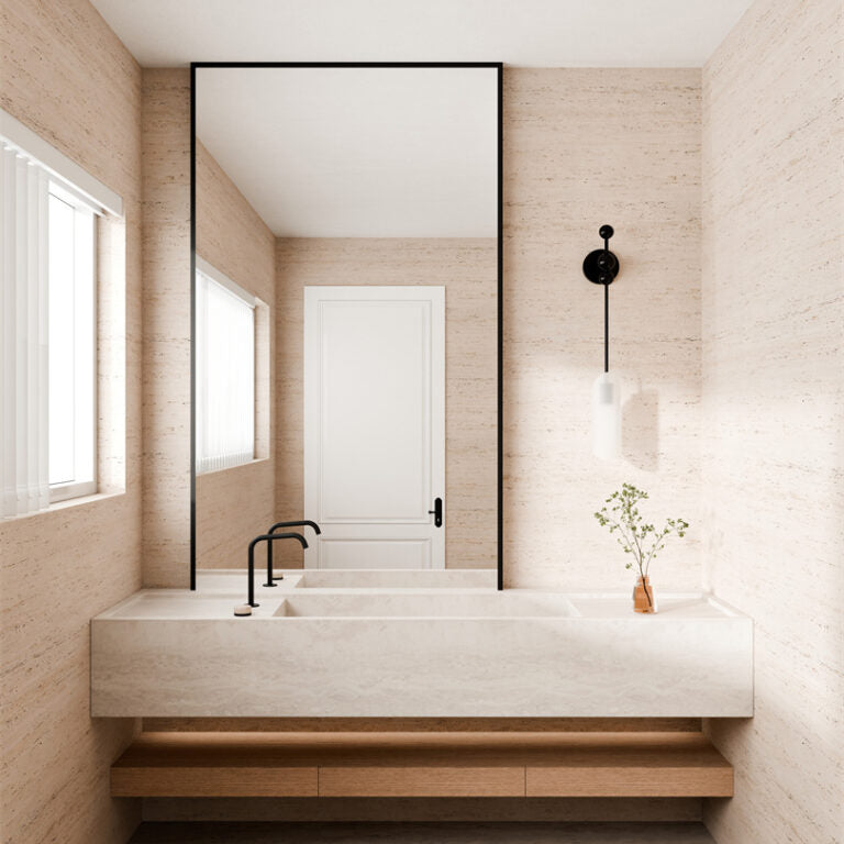 NERO SERENITY PROGRESSIVE BATH/KITCHEN MIXER EDGE SPOUT WITH ROME TRAVERTINE HANDLE 270MM MATTE BLACK