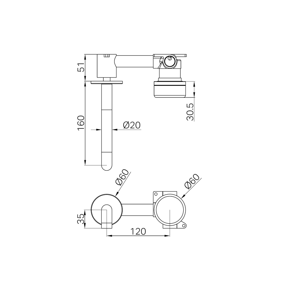 NERO SERENITY PROGRESSIVE WALL BASIN MIXER SPOUT WITH CARRARA HANDLE BRUSHED BRONZE (AVAILABLE IN 160MM, 185MM AND 220MM)
