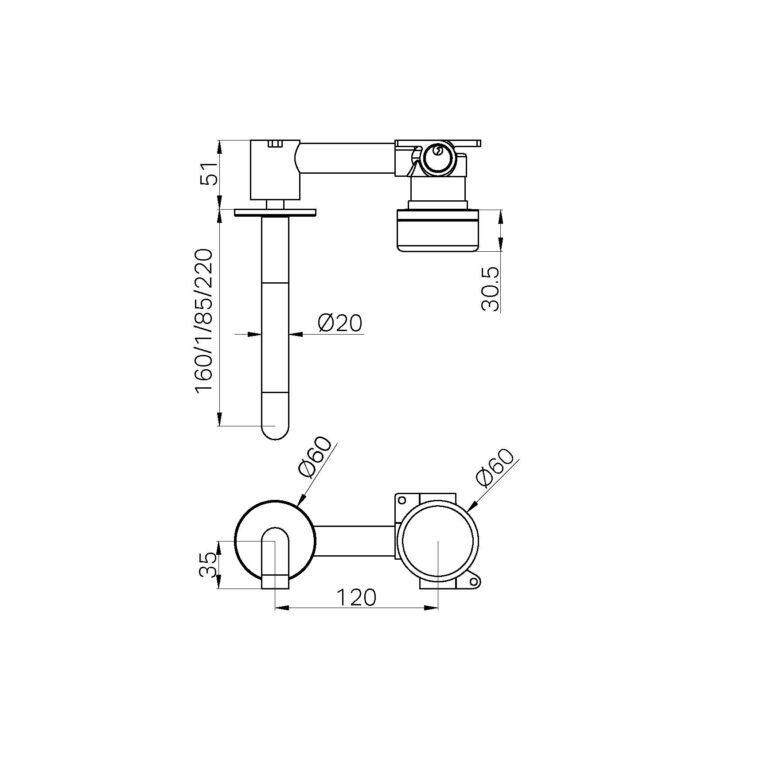 NERO SERENITY PROGRESSIVE WALL BASIN MIXER SPOUT WITH ROME TRAVERTINE HANDLE GUN METAL (AVAILABLE IN 160MM, 185MM AND 220MM)
