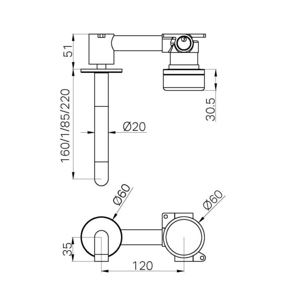 NERO SERENITY PROGRESSIVE WALL BASIN MIXER SPOUT WITH VERDE ALPI HANDLE BRUSHED BRONZE (AVAILABLE IN 160MM, 185MM AND 220MM)