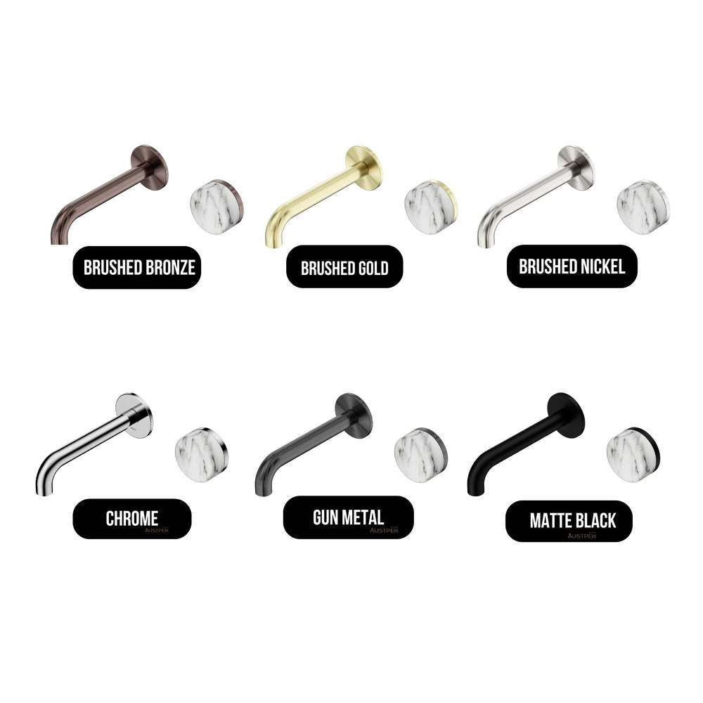 NERO SERENITY PROGRESSIVE WALL BASIN MIXER SPOUT WITH ARABESCATO CORCHIA HANDLE BRUSHED GOLD (AVAILABLE IN 160MM, 185MM AND 220MM)
