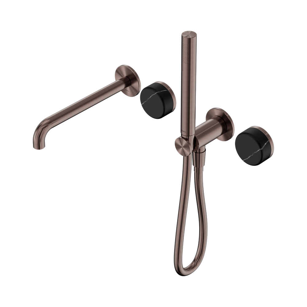 NERO SERENITY PROGRESSIVE SHOWER SYSTEM WITH SPOUT WITH MARQUINA BLACK HANDLE AND SLIM SHOWER BRUSHED BRONZE