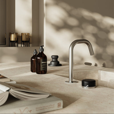 NERO SERENITY PROGRESSIVE BASIN MIXER EDGE SPOUT WITH MARQUINA BLACK HANDLE 210MM BRUSHED NICKEL