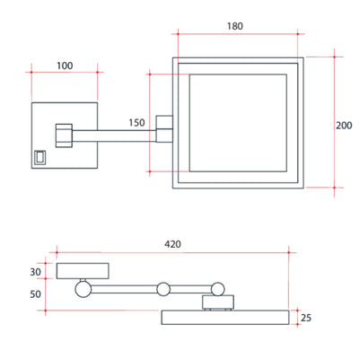 THERMOGROUP ABLAZE SQUARE 3X MAGNIFIED MIRROR LIGHT MATT BLACK 150MM