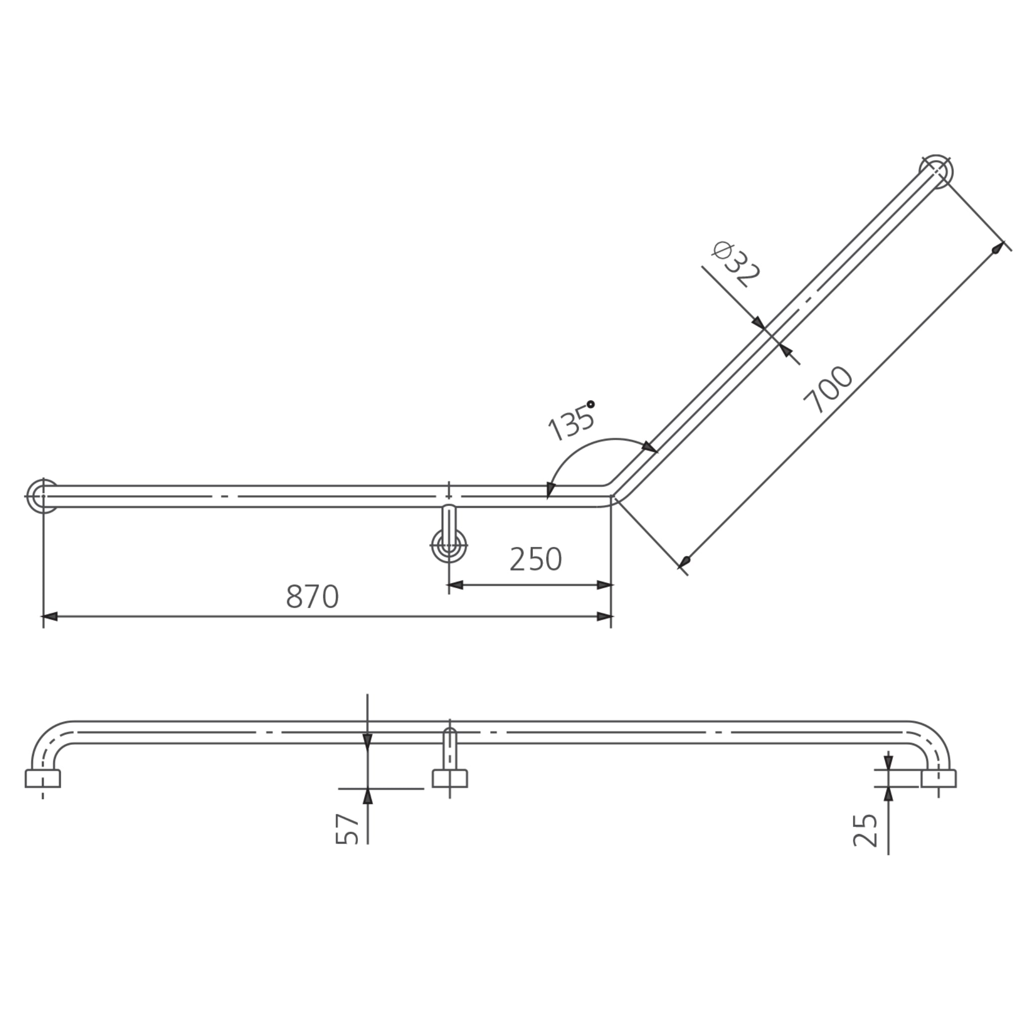 OLIVERI HOLDFAST 135 DEGREE GRAB RAIL 870MM STAINLESS STEEL (AVAILABLE IN LEFT AND RIGHT HAND RAIL)