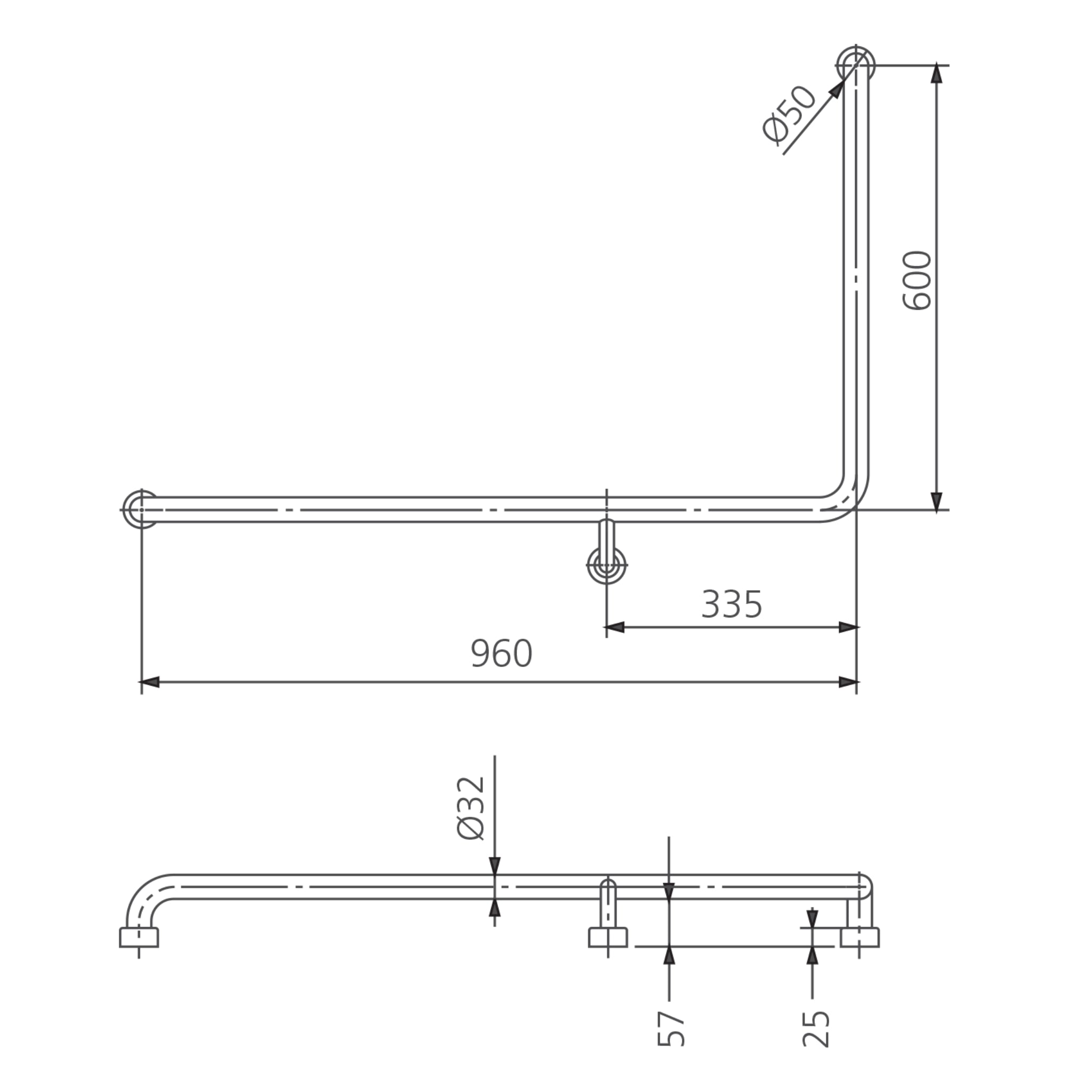 OLIVERI HOLDFAST 90 DEGREE GRAB RAIL 960MM STAINLESS STEEL (AVAILABLE IN LEFT AND RIGHT HAND RAIL)