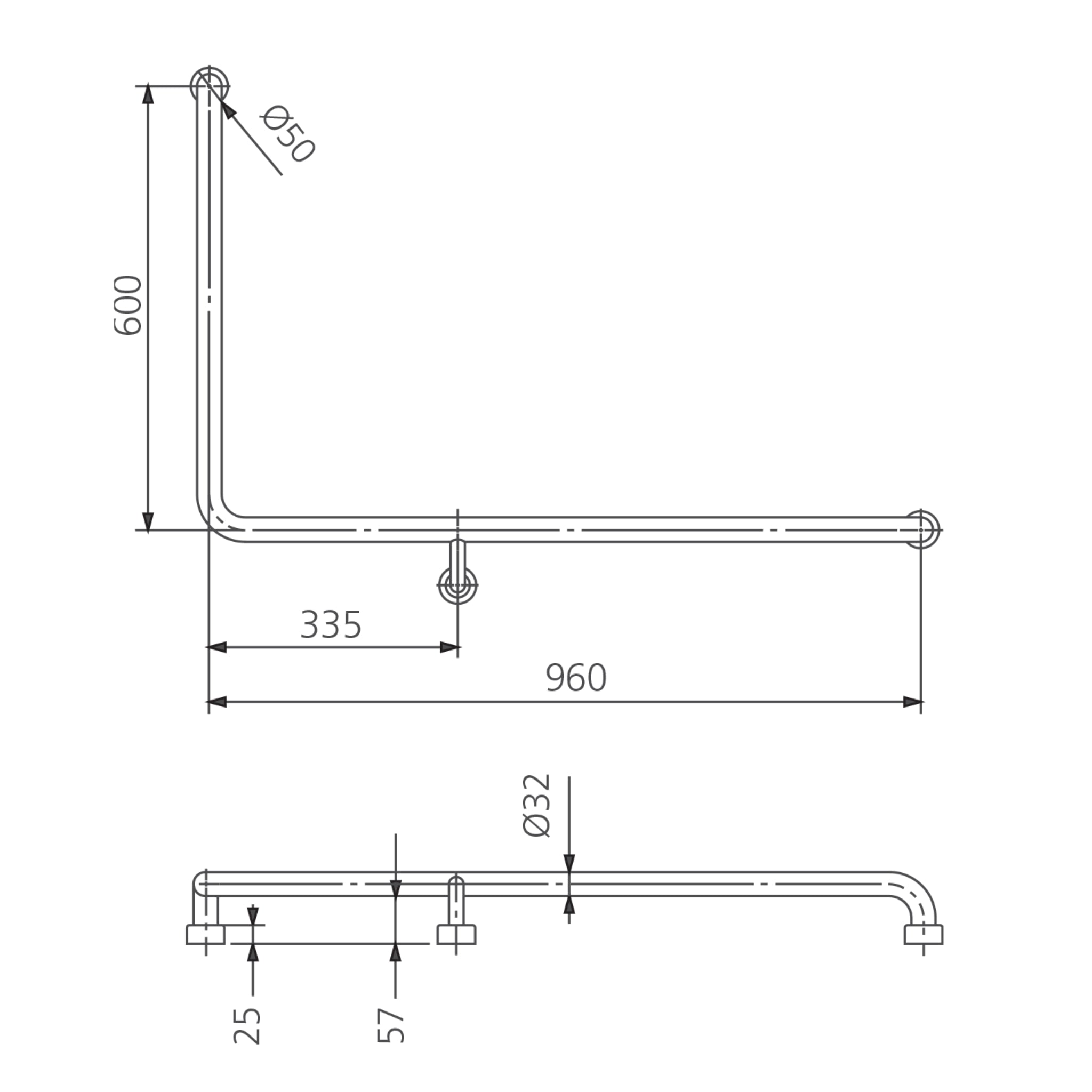 OLIVERI HOLDFAST 90 DEGREE GRAB RAIL 960MM STAINLESS STEEL (AVAILABLE IN LEFT AND RIGHT HAND RAIL)