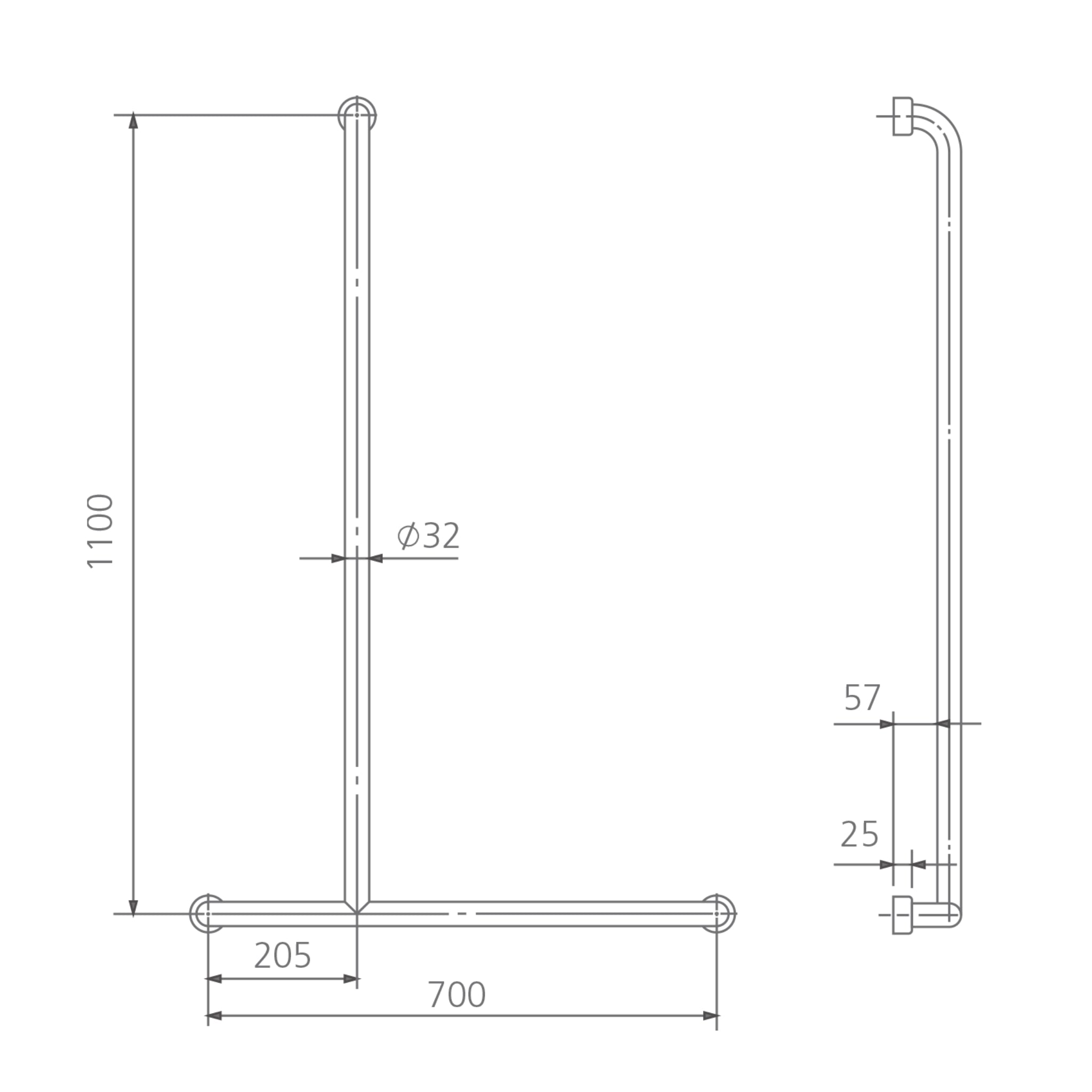 OLIVERI HOLDFAST INVERTED T SHOWER GRAB RAIL STAINLESS STEEL 1100MM (AVAILABLE IN LEFT AND RIGHT HAND RAIL)