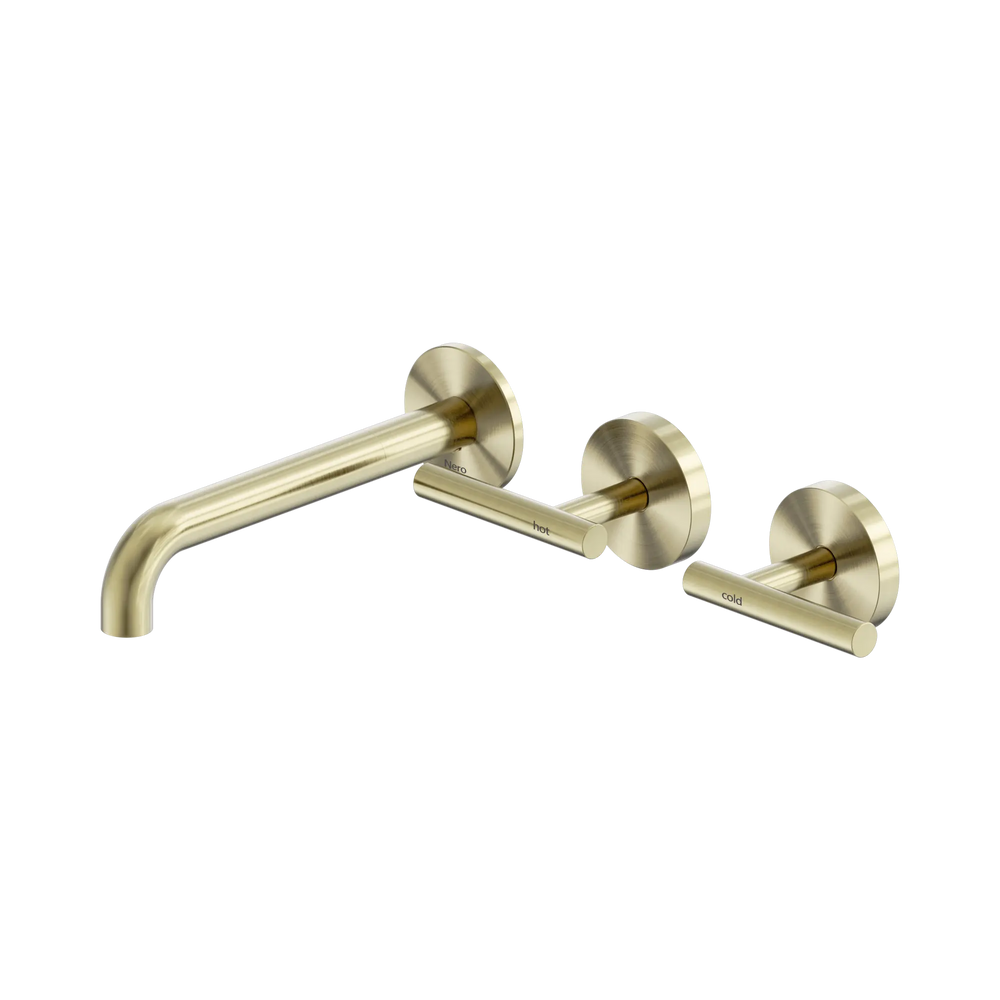 NERO MECCA LEVER WALL BASIN/BATH SET 185MM OFFSET SPOUT BRUSHED GOLD