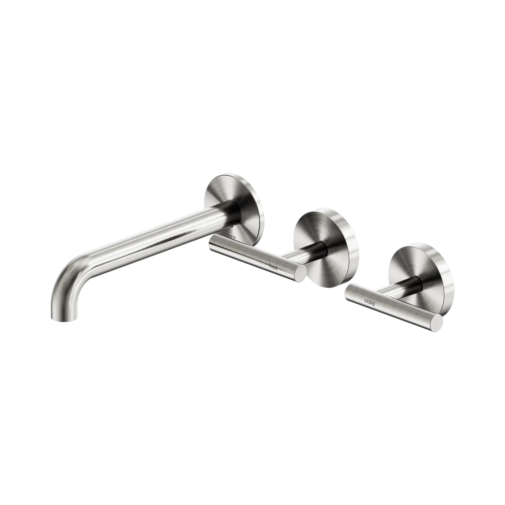 NERO MECCA LEVER WALL BASIN/BATH SET 185MM OFFSET SPOUT BRUSHED NICKEL