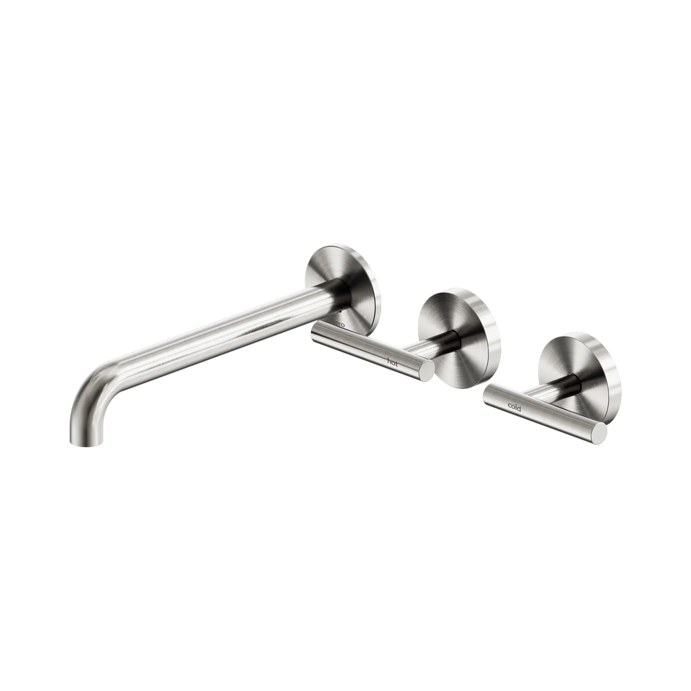 NERO MECCA LEVER WALL BASIN/BATH SET 220MM OFFSET SPOUT BRUSHED NICKEL