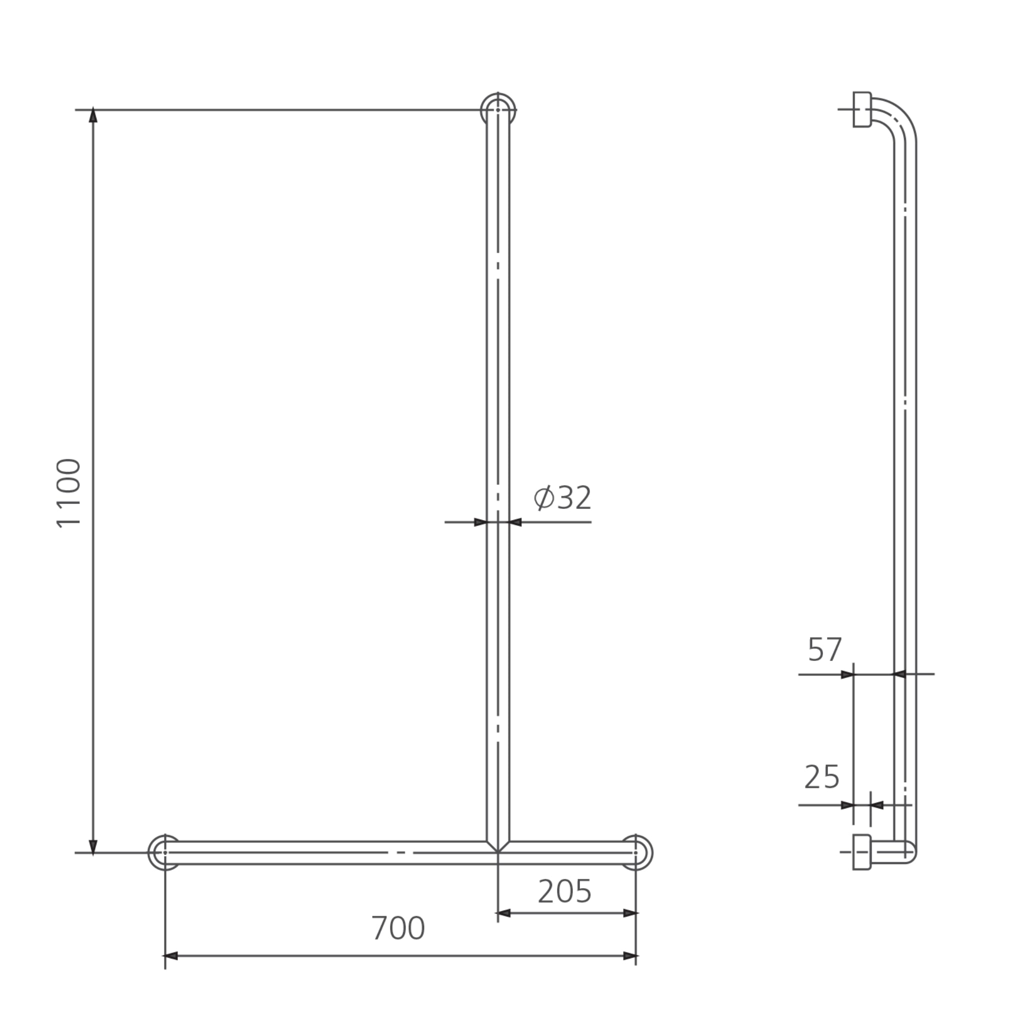 OLIVERI HOLDFAST INVERTED T SHOWER GRAB RAIL STAINLESS STEEL 1100MM (AVAILABLE IN LEFT AND RIGHT HAND RAIL)