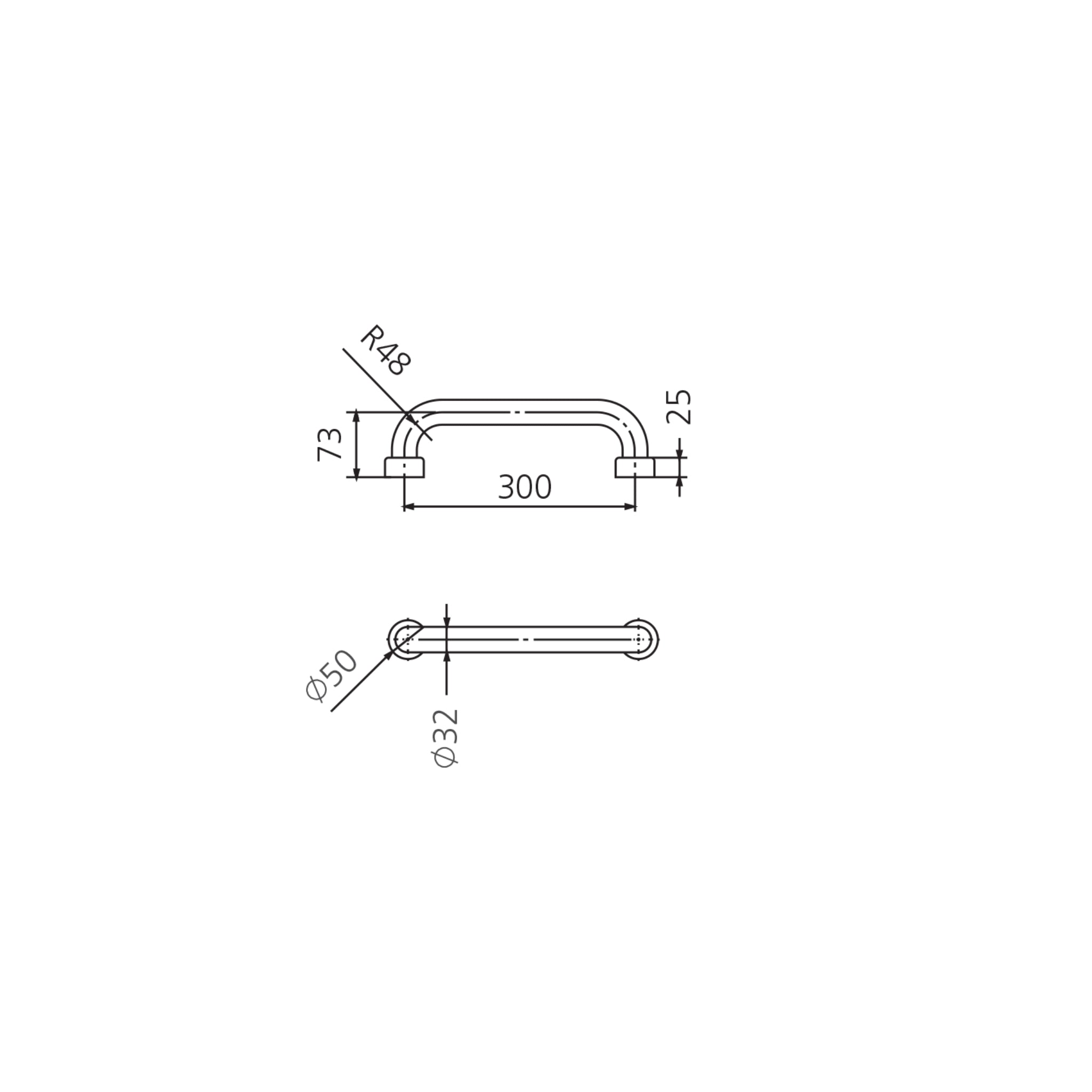 OLIVERI HOLDFAST STRAIGHT GRAB RAIL STAINLESS STEEL (AVAILABLE IN 300MM, 600MM AND 900MM)