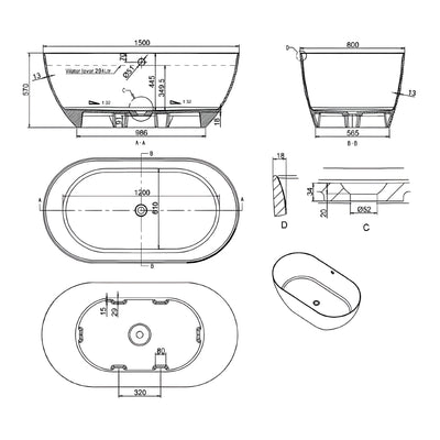 GARETH ASHTON BYRON FREESTANDING BATHTUB MATTE WHITE (AVAILABLE IN 1500MM AND 1690MM)