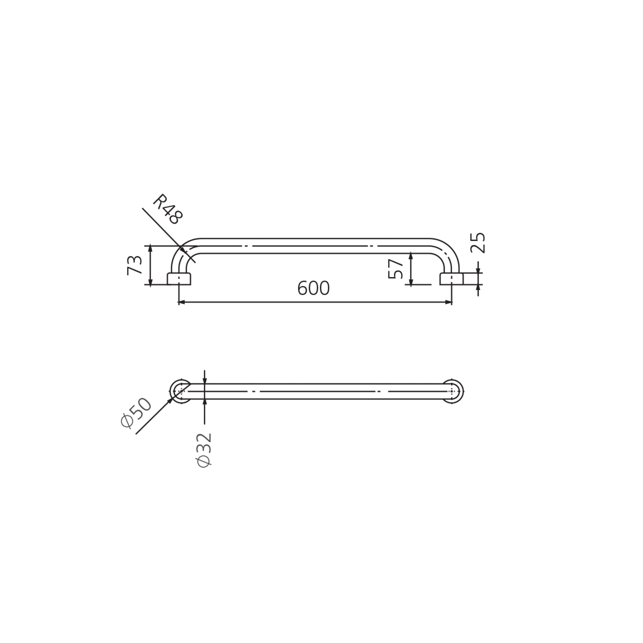 OLIVERI HOLDFAST STRAIGHT GRAB RAIL STAINLESS STEEL (AVAILABLE IN 300MM, 600MM AND 900MM)