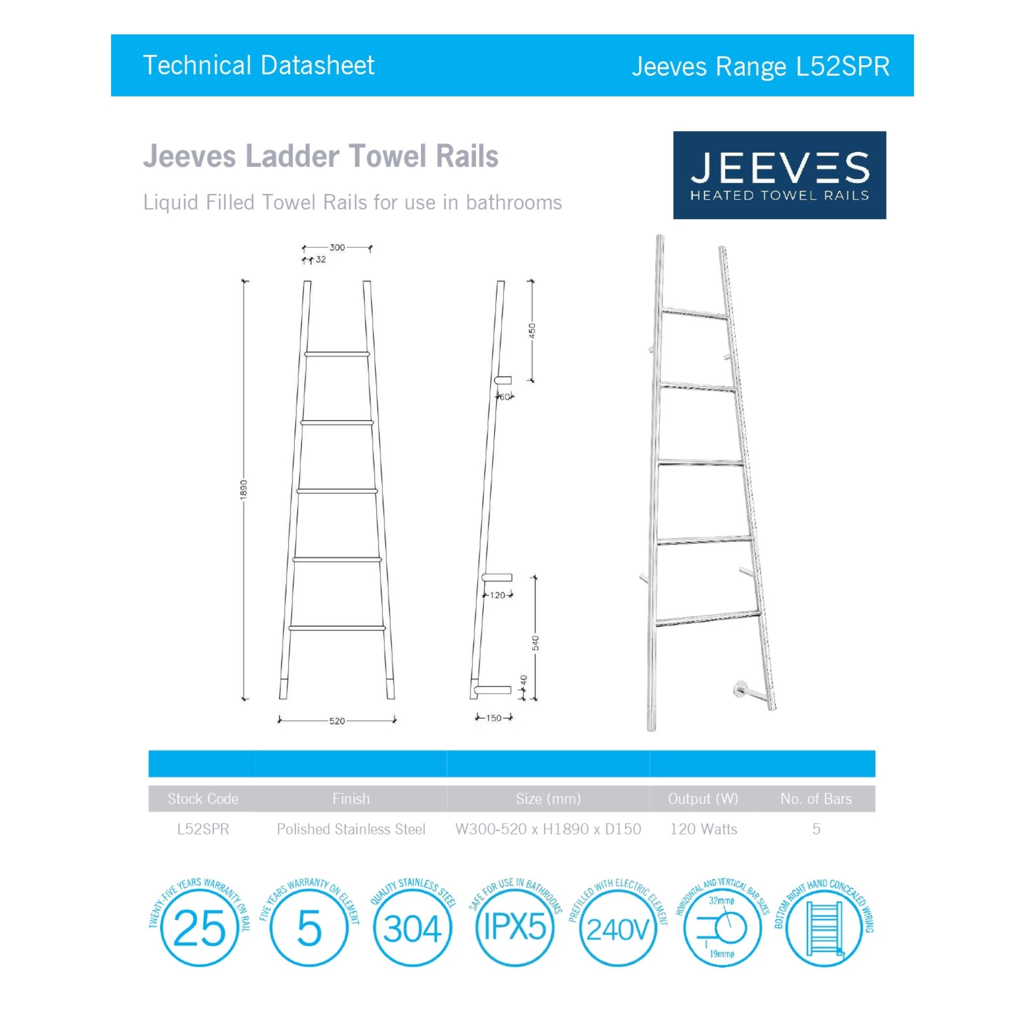 THERMOGROUP JEEVES TANGENT L HEATED TOWEL RAIL STAINLESS STEEL 1890MM