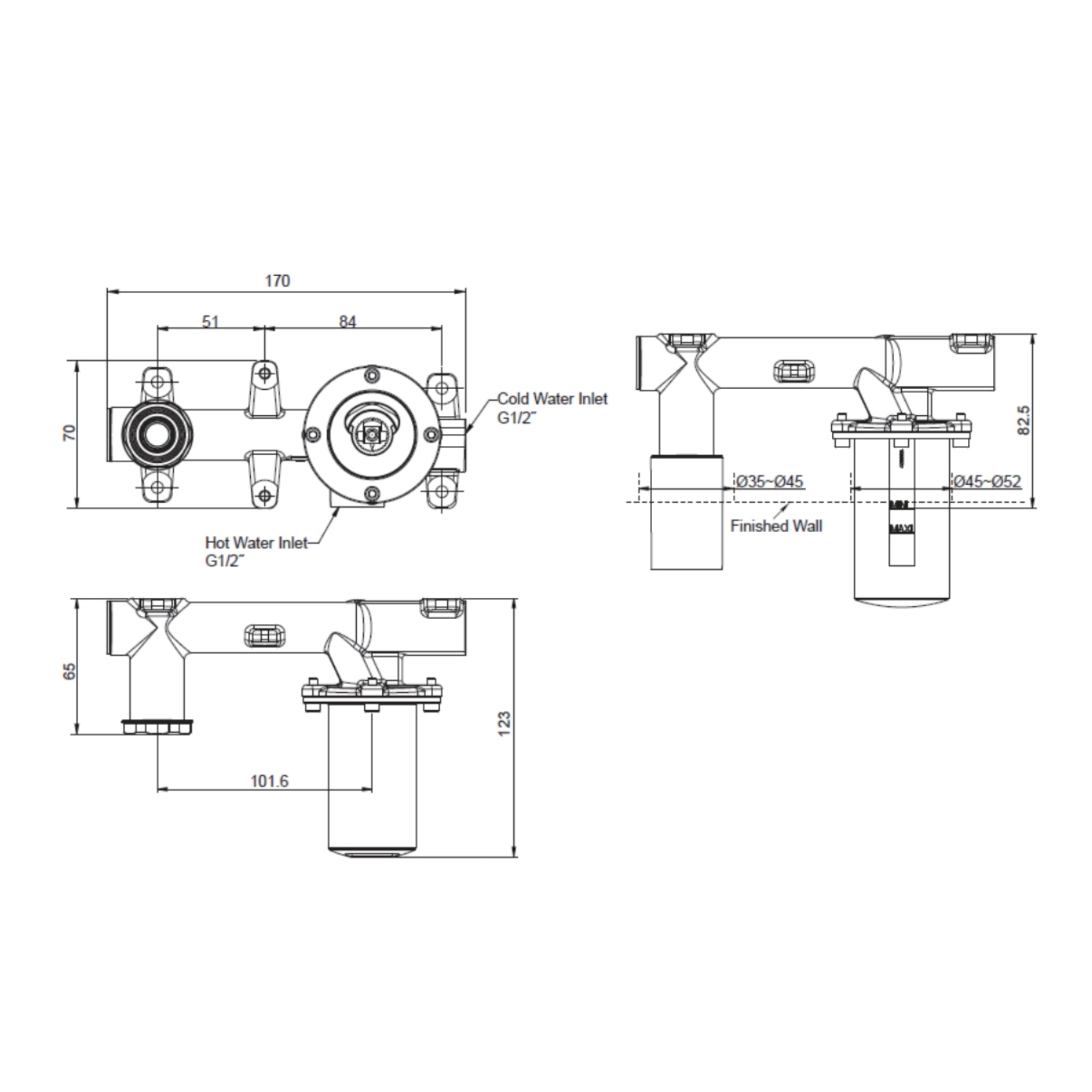 KOHLER COMPONENTS WALL MIXER WITH PIN LEVER HANDLE & INWALL VALVE COMPLETE KIT CHROME