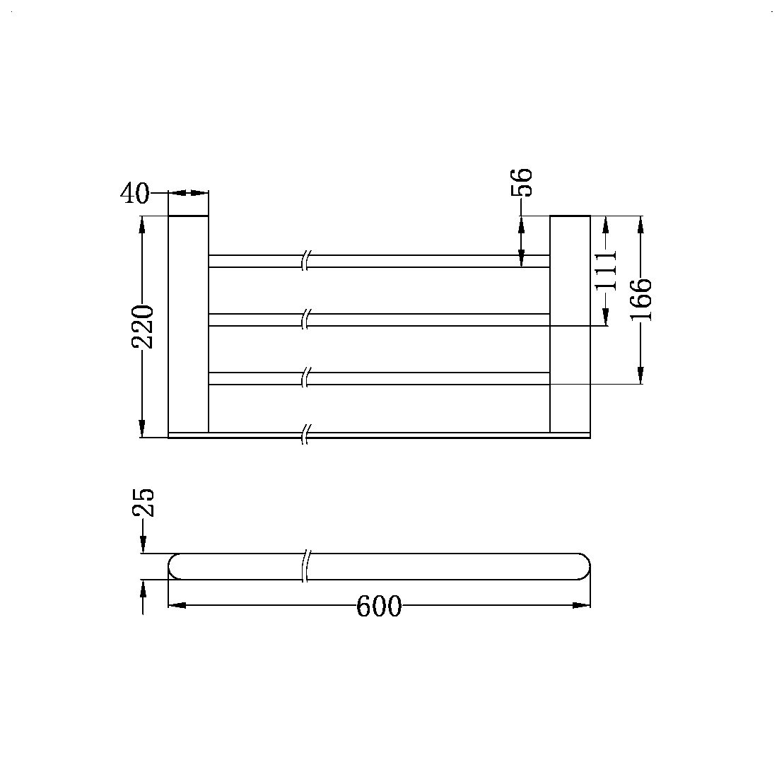 NERO BIANCA NON-HEATED TOWEL RACK 600MM MATTE BLACK