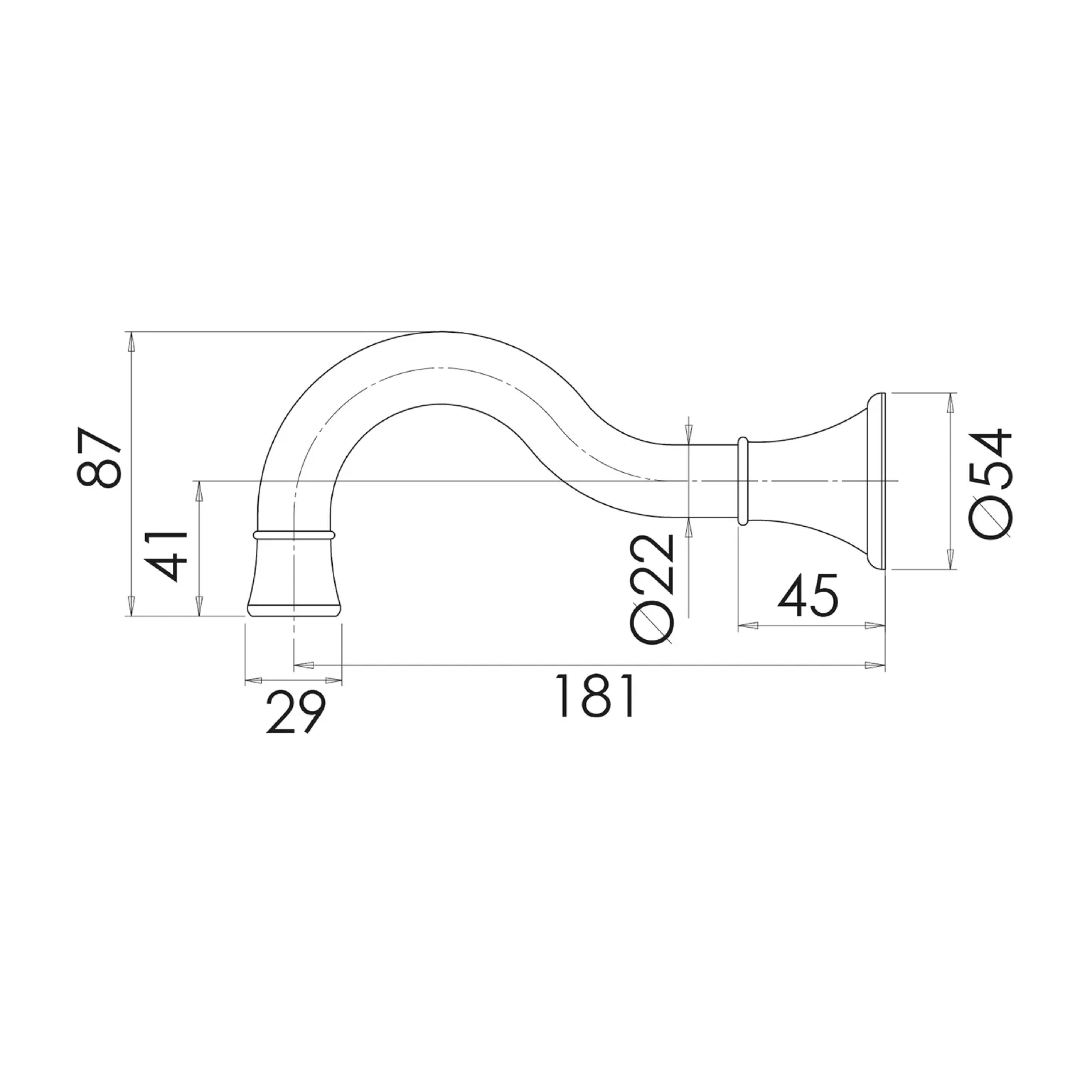 PHOENIX NOSTALGIA LEAD FREE WALL BASIN / BATH OUTLET 180MM SHEPHERD CROOK CHROME