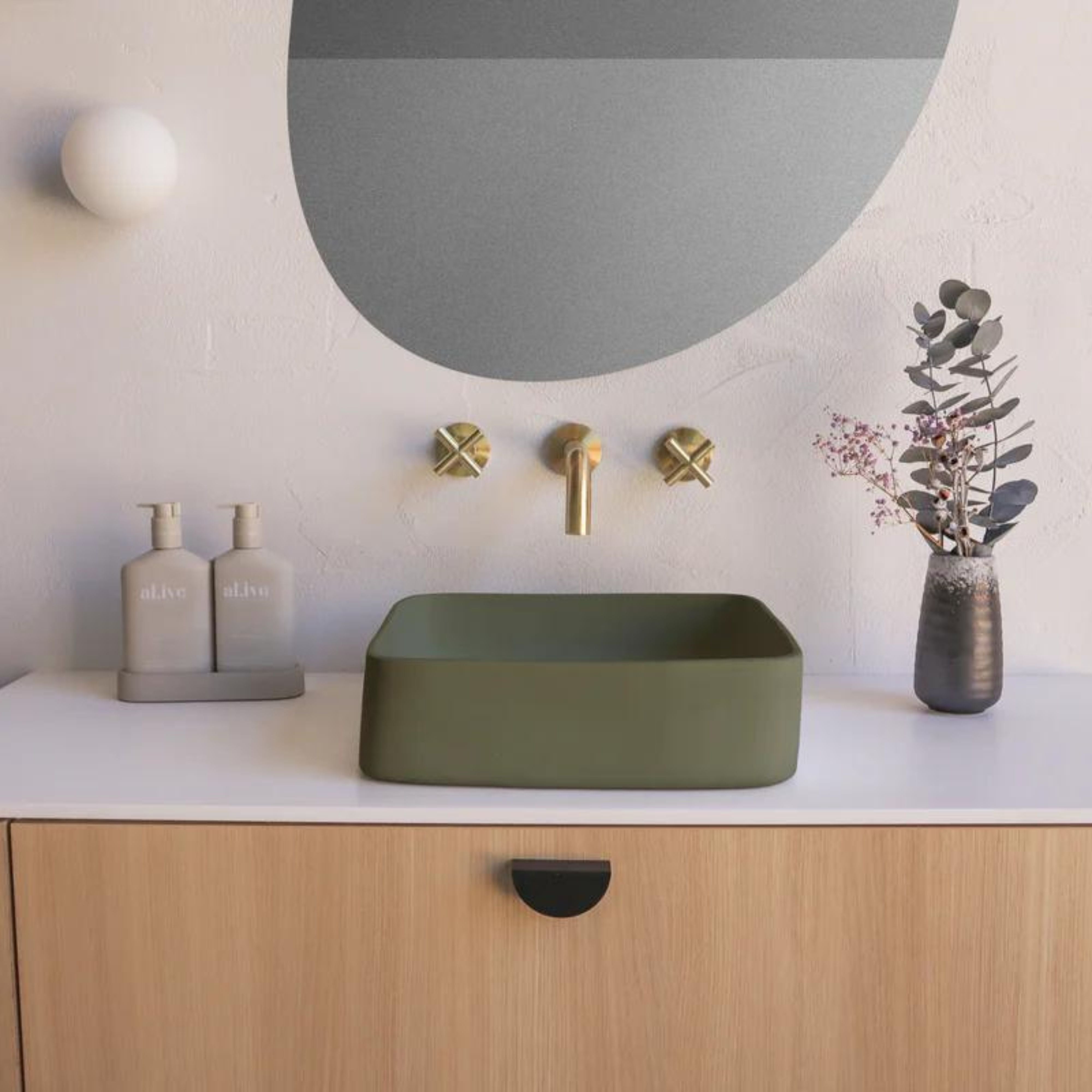 NOOD CO CONSCIOUS RANGE CAST ABOVE COUNTER / WALL HUNG BASIN OLIVE 380MM