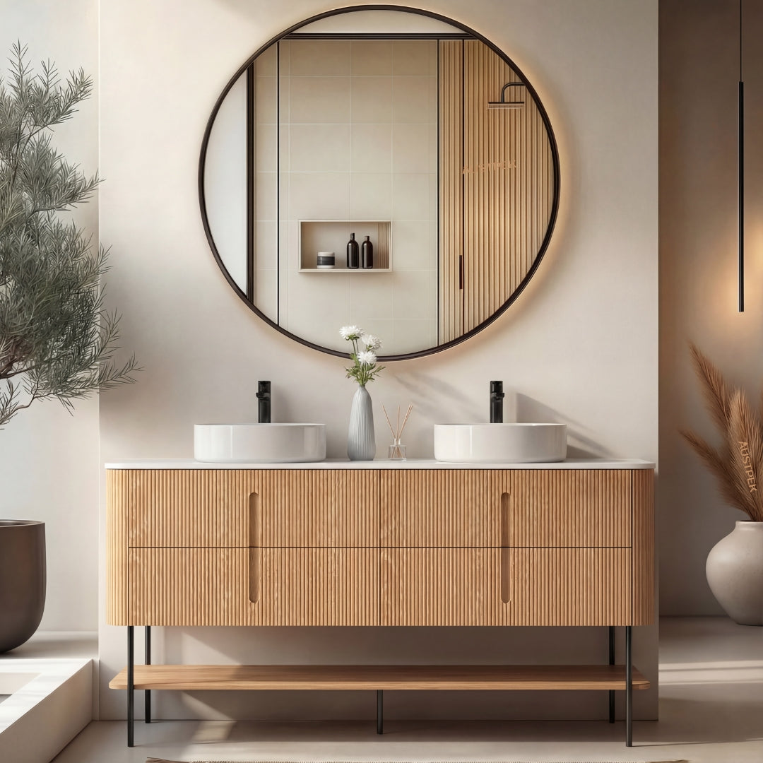 ORIO PINE LIGHT WALNUT FLUTED 1800MM CURVE DOUBLE BOWL FLOOR STANDING VANITY