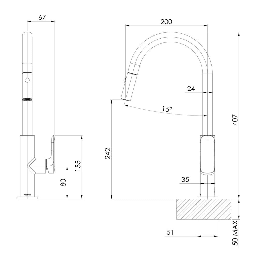PHOENIX NUAGE LEAD FREE PULL-OUT SINK MIXER 200MM BRUSHED CARBON