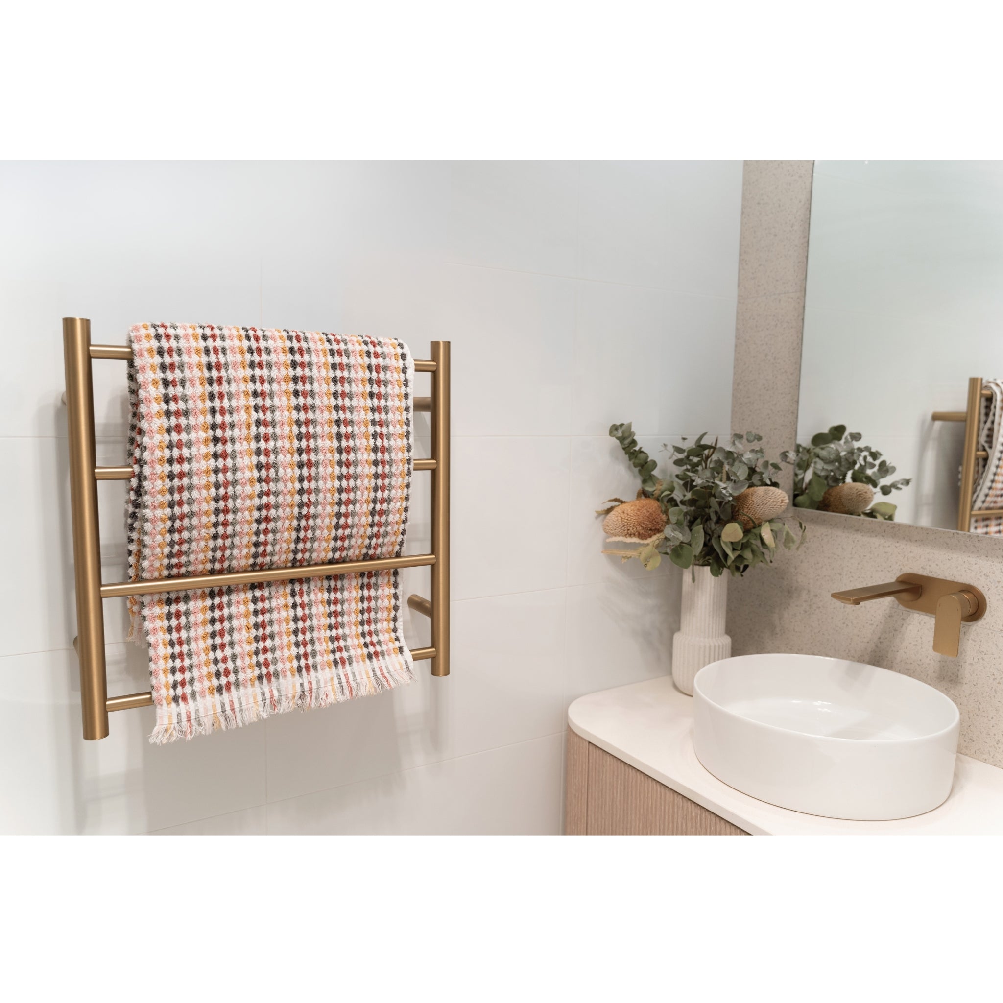 THERMOGROUP ROUND LADDER HEATED TOWEL RAIL BRUSHED GOLD 550MM