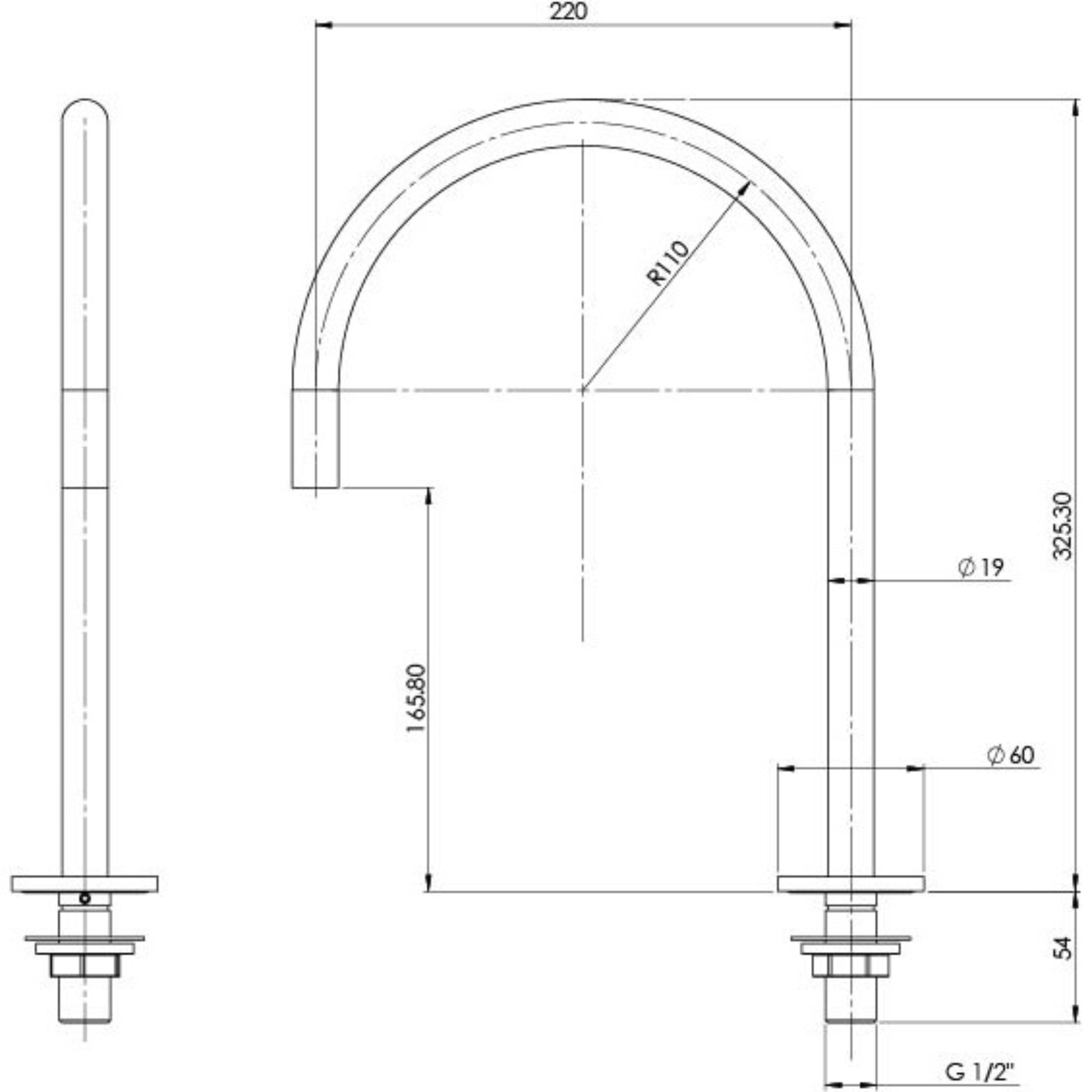 PHOENIX VIVID SLIMLINE GOOSENECK HOB LEAD FREE SINK OUTLET 220MM BRUSHED NICKEL