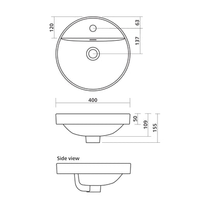 SEIMA SYROS 400 SEMI-INSET BASIN WITH OVERFLOW GLOSS WHITE 400MM