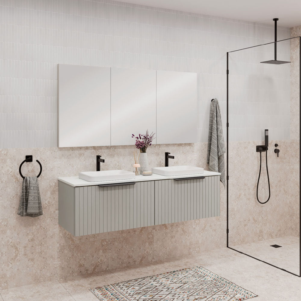FIENZA BAYVIEW STONE GREY MATTE 1500MM DOUBLE BOWL WALL HUNG VANITY