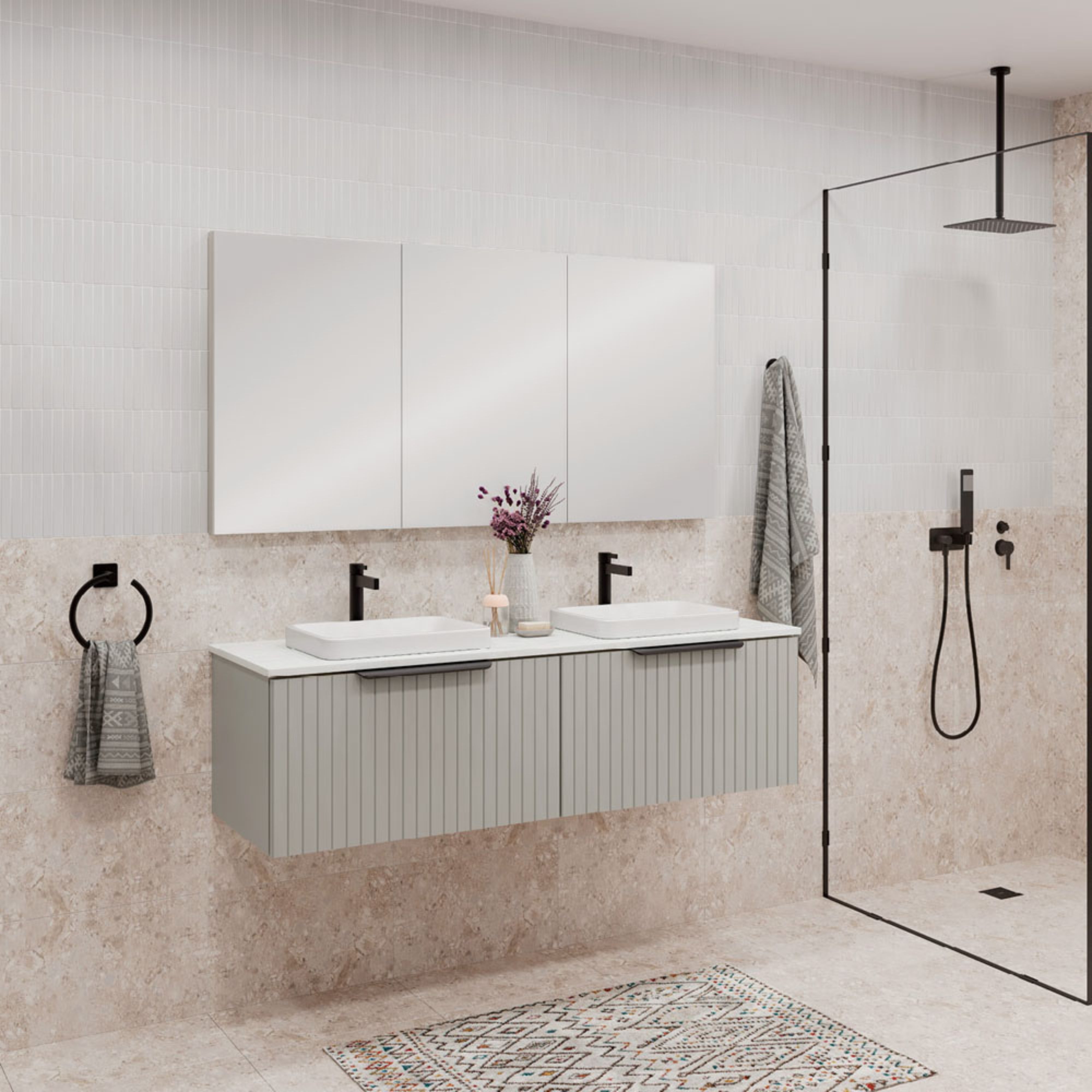 FIENZA BAYVIEW STONE GREY MATTE 1500MM DOUBLE BOWL WALL HUNG VANITY