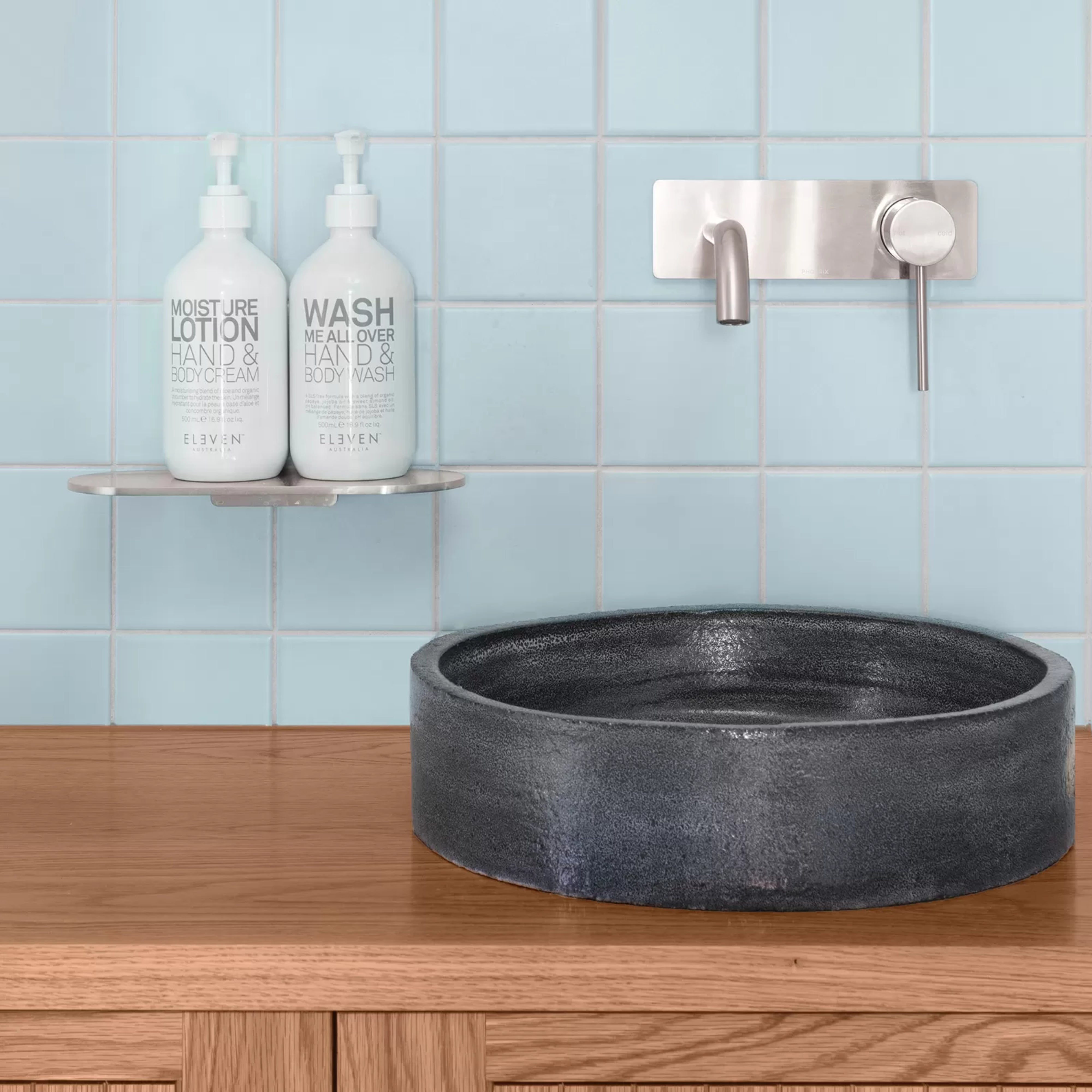 PHOENIX VIVID SLIMLINE SWITCHMIX LEAD FREE WALL BASIN AND BATH MIXER SET 180MM BRUSHED NICKEL