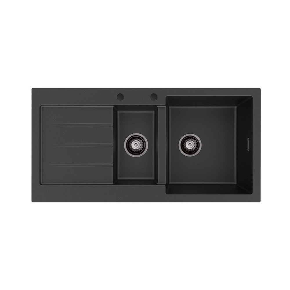 FIENZA KURO GRANITE DOUBLE BOWL KITCHEN SINK WITH DRAINER TWO TAP HOLE 1000MM