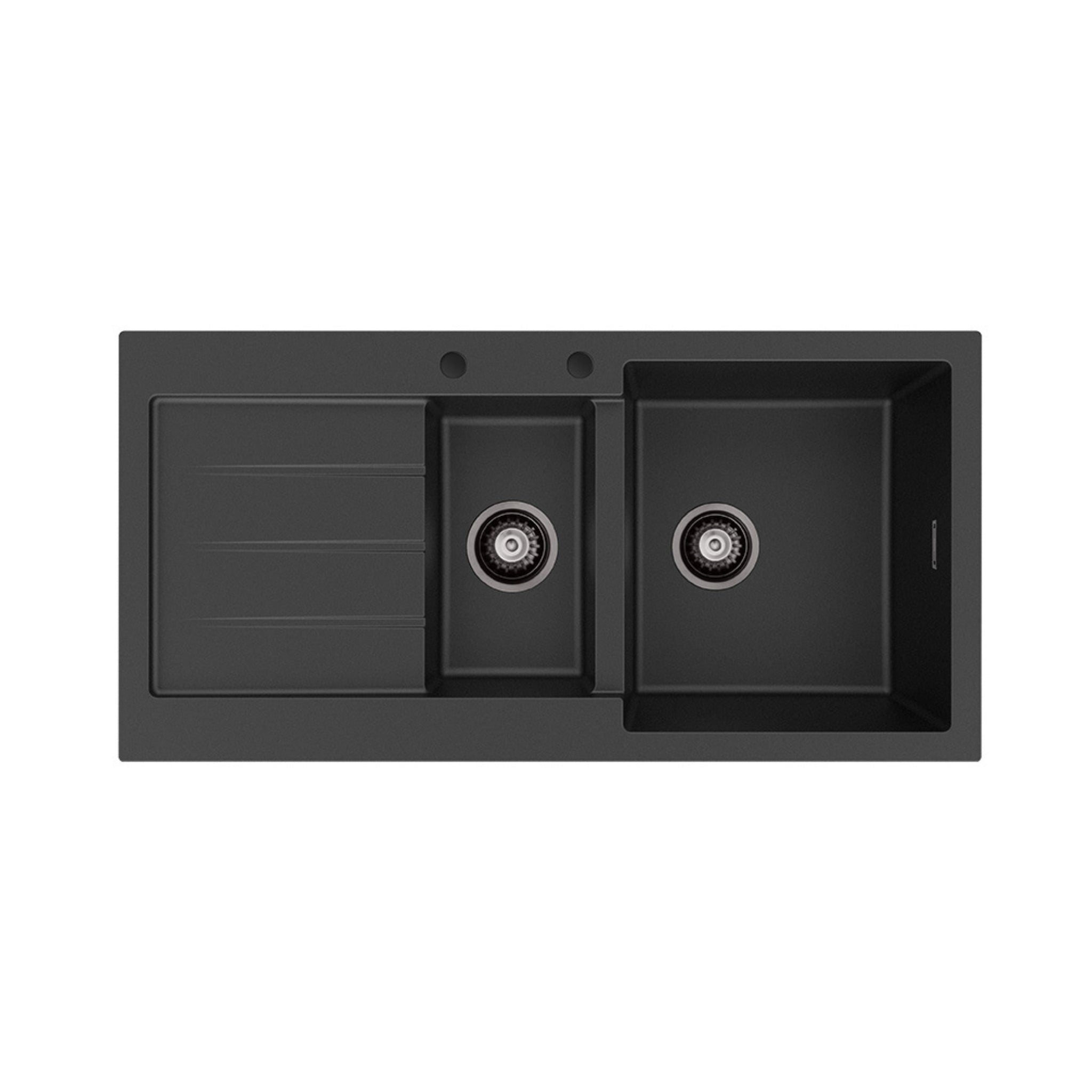 FIENZA KURO GRANITE DOUBLE BOWL KITCHEN SINK WITH DRAINER TWO TAP HOLE 1000MM