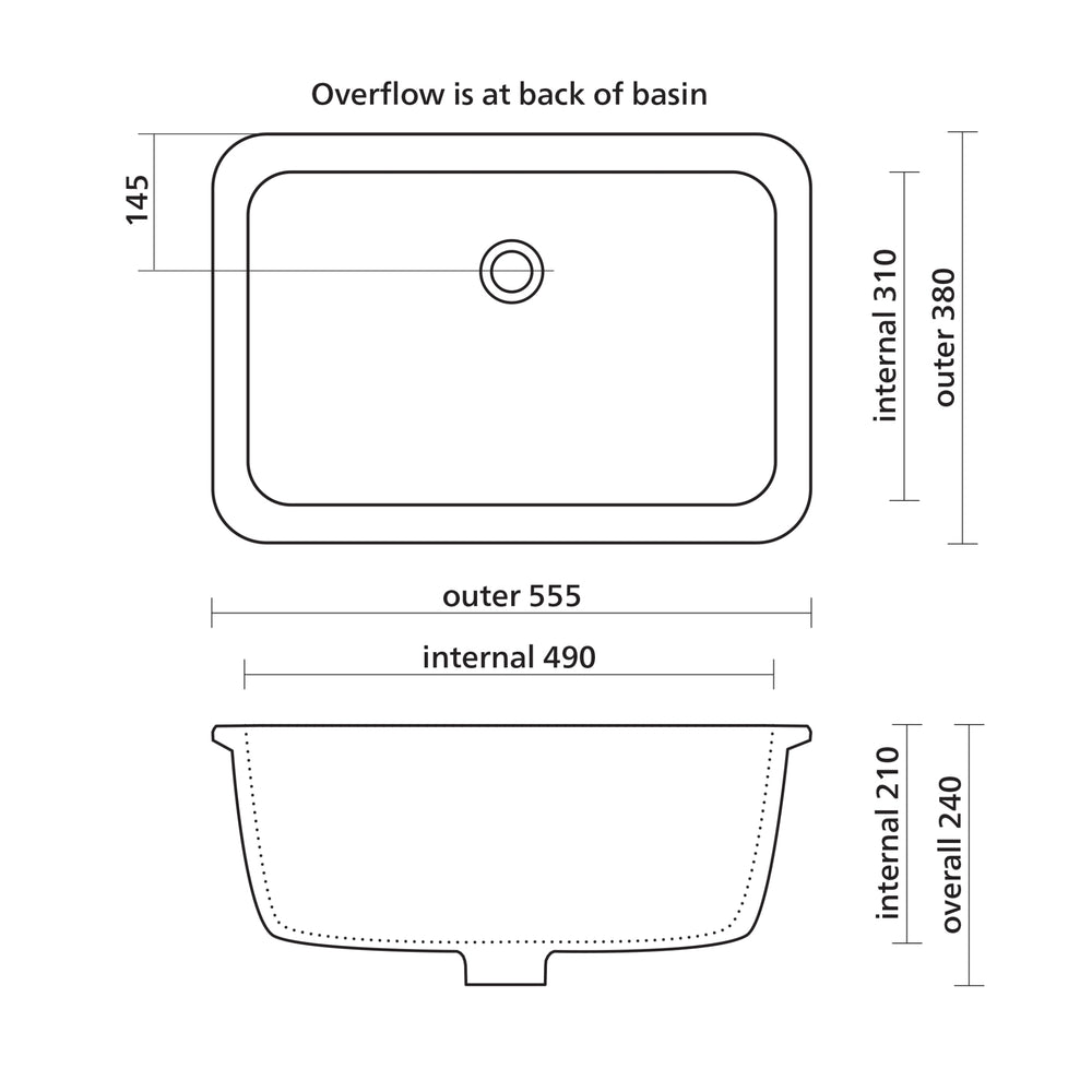 SEIMA PLATI 555 UNDER COUNTER BASIN WITH OVERFLOW GLOSS WHITE 490MM