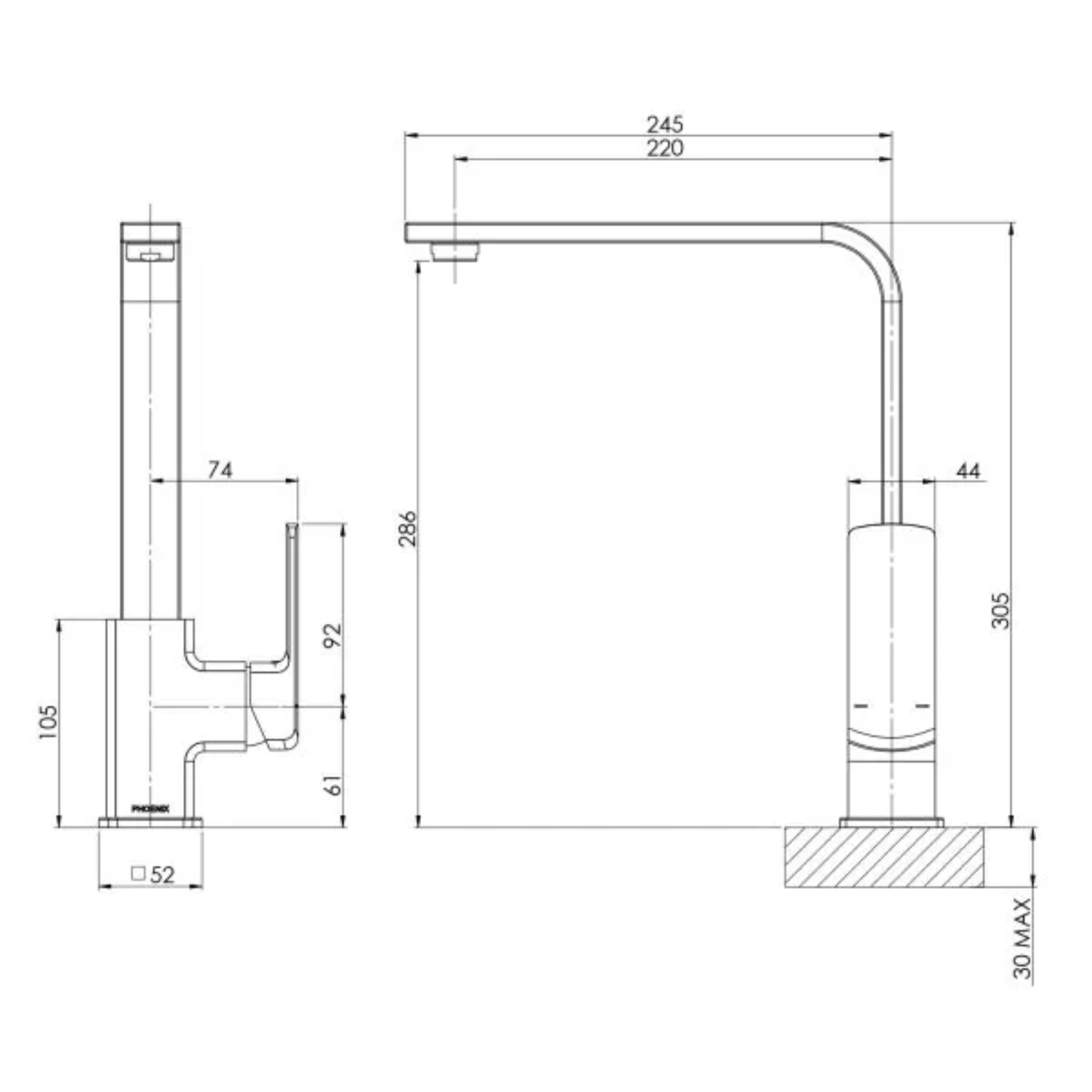 PHOENIX TEVA SINK MIXER SQUARELINE 305MM CHROME