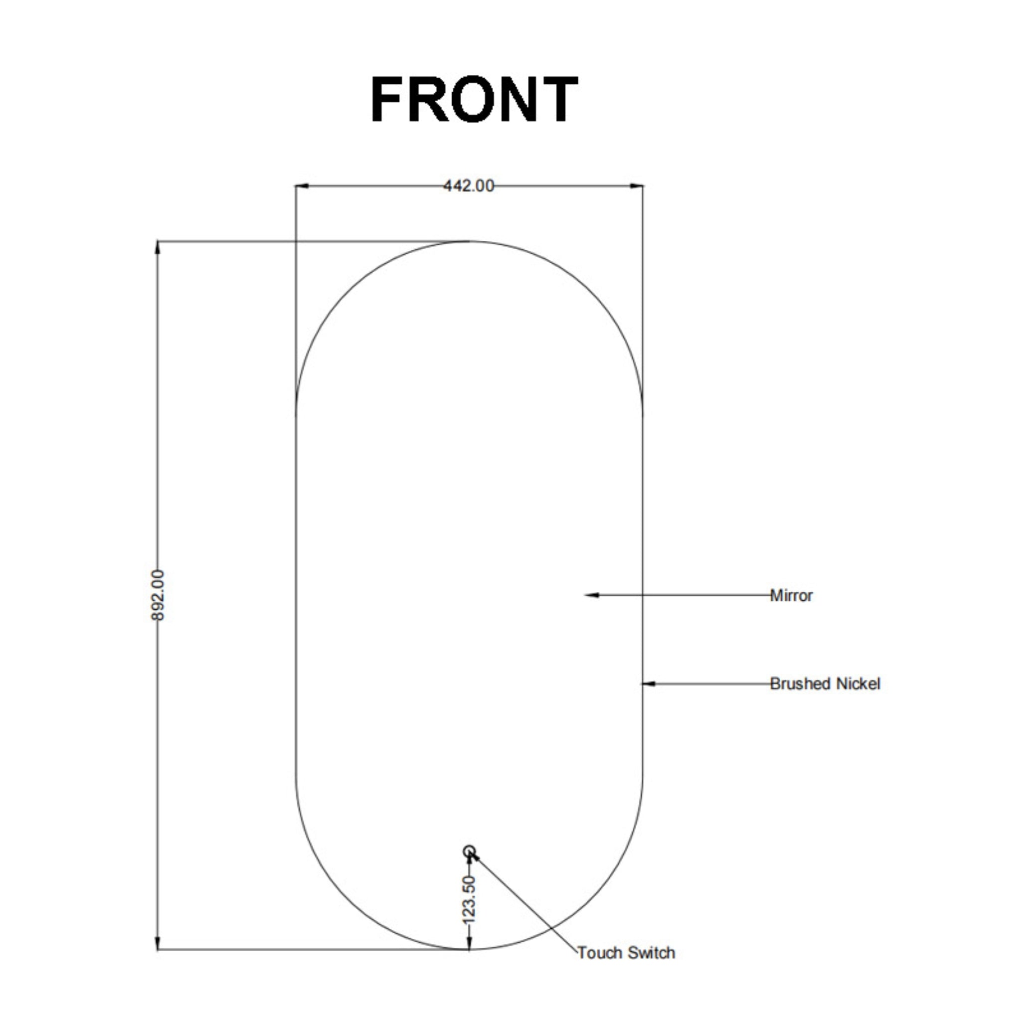 AQUAPERLA PILL SHAPE FRAMED LED MIRROR BRUSHED NICKEL 450X900MM