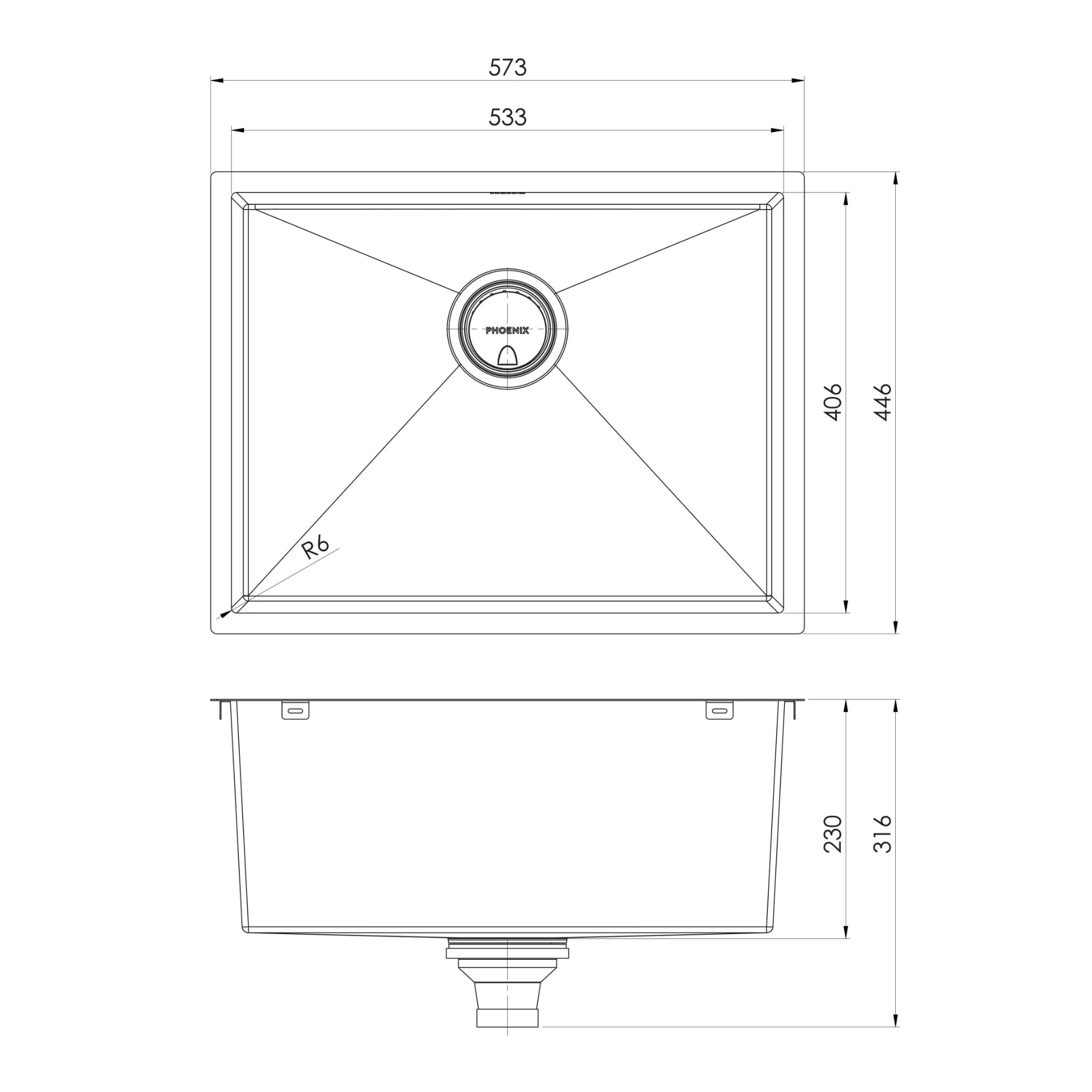 PHOENIX 4000 SERIES LARGE SINGLE BOWL SINK 573MM BRUSHED CARBON